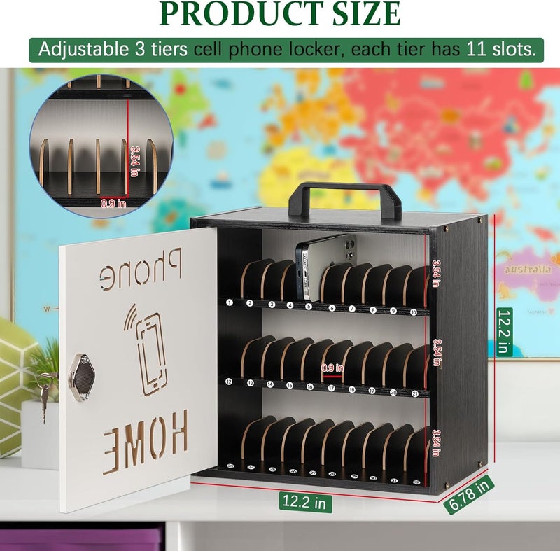 Echaprey Cell Phone Holder Classroom Adjustable 33 Slots Pocket Chart Wooden Cell Phone Storage Cabinet with Handle and Lock Desktop Cell Phone Holder for Classroom Office (Black) - Image 2